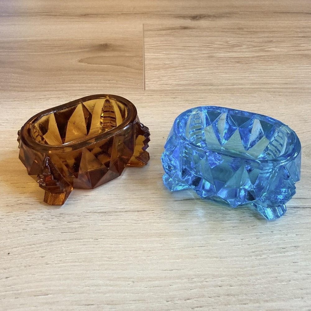 Blue and Amber Pressed Glass Open Salt Cellar Trinket Dish Set of 2